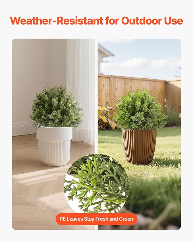 VEVOR Artificial Topiary Cypress Trees with Ground Spike, 16 inch 2 Set Faux Shrubs & Bushes Potted Plants, Fake Silk Tree Look Real for Decor Front Porch Outdoor Indoor Patio Garden Balcony Backyard