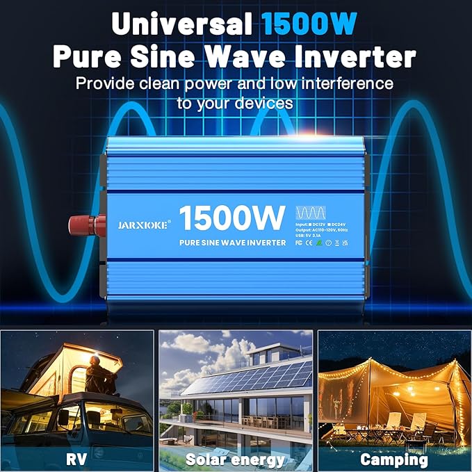 1500 Watt Pure Sine Wave Power Inverter, 12 Vdc to 110 Vdc to 120 Vdc, for Home, RV and Off-Grid Solar Systems, with 2 AC Outlets and USB Port, LCD Display, with Remote Control