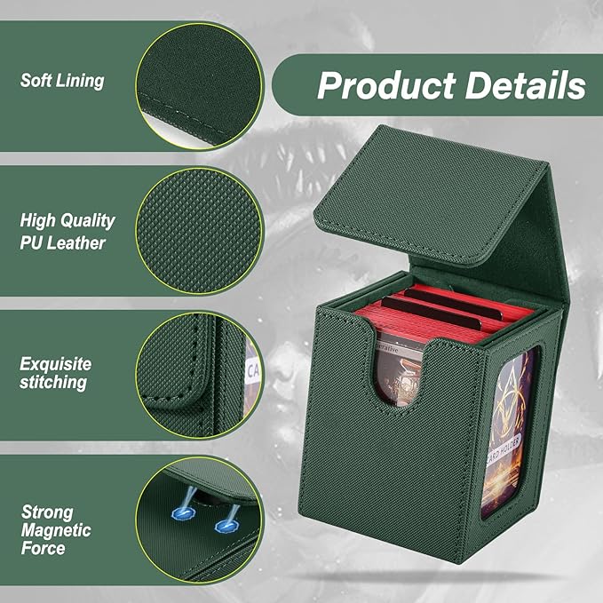 MTG Deck Box, Double Display Window MTG, Commander Deck Box Fits 120+ Single Sleeved Cards, PU Leather Magnetic Closure Card Box with 2 Dividers&2 Toploaders for TCG, CCG, Green