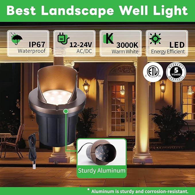 Well Lights Low Voltage, 12V In Ground LED Landscape Lights, IP67 Waterproof Outdoor, Hood Top Aluminum ORB for Garden Tree 6W 420LM 12 Pack