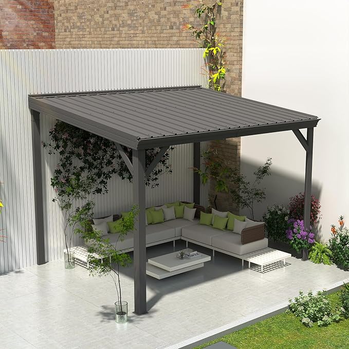 Domi 8’x10’ Wall-Mounted Hardtop Gazebo Pergola – Permanent Lean-to Outdoor Shelter with Sloped Galvanized Steel Roof & Upgraded Drainage – Grey Metal Patio Cover for Backyard, Deck, Garden