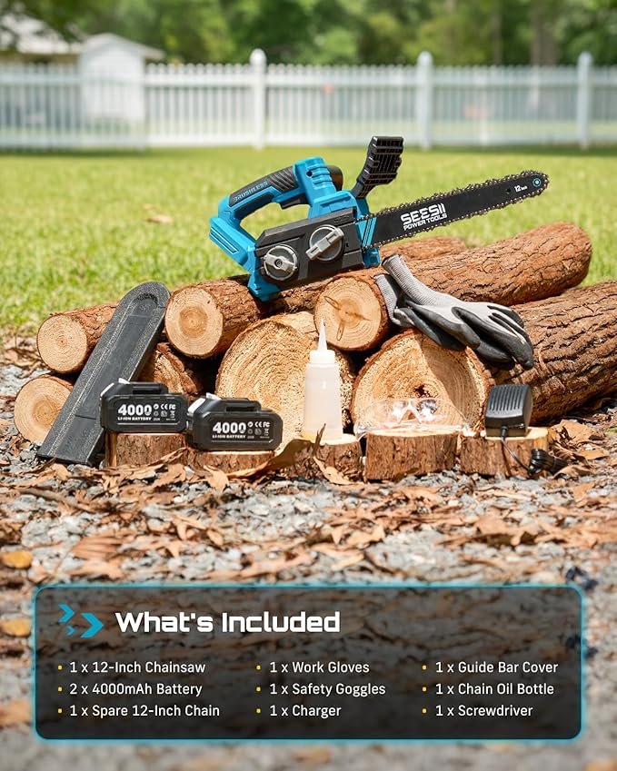 SEESII Electric Chainsaw Cordless 12-inch: Brushless Battery Powered Small Chainsaw, 2 x 4.0Ah Batteries, Auto-Tension and Oiling Mini Chain Saw for Christmas Dad Men Gifts, Tree Cutting Trimming