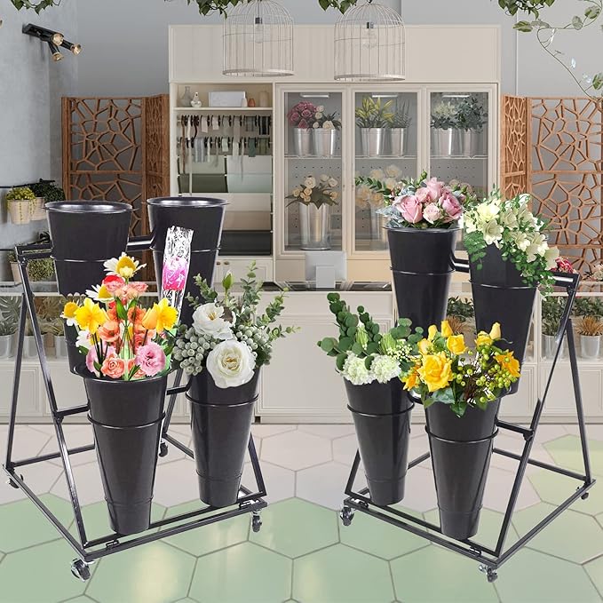 Flower Display Stand, Mobile Plant Cart shelve with Wheels, with Plastic Buckets, Easy to Install, Stepped Plant Stand, Suitable for Indoor and Outdoor Balcony Courtyard Garden Art Exhibitions ( Color