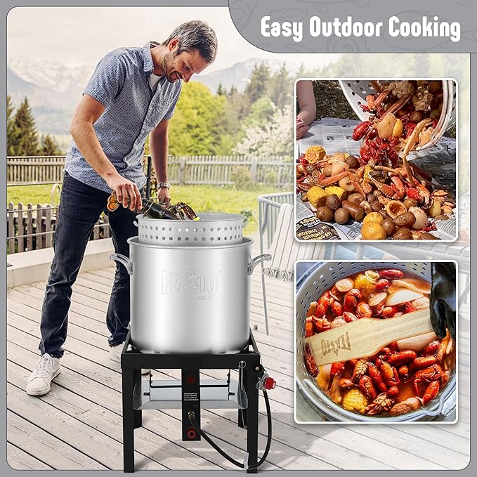 100 QT Seafood Boil Pot Stock Pot and 10,0000 BTU Propane Stove,Aluminum Seafood Boiling Kit with Strainer Basket,Heavy Duty Propane Burner For Outdoor Cooking Seafood Shrimp Crawfish Boiling