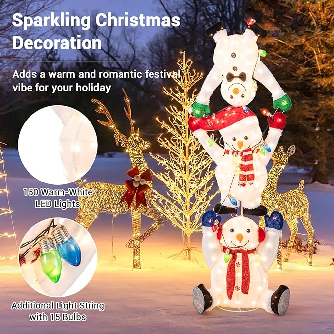 Tangkula 5.6 FT Lighted Christmas Stacked Snowmen Decoration, Pre-Lit Snowmen Ornament with LED Lights, Light String, Outside Xmas Yard Decor, Xmas Display Indoor Outdoor Holiday Decor