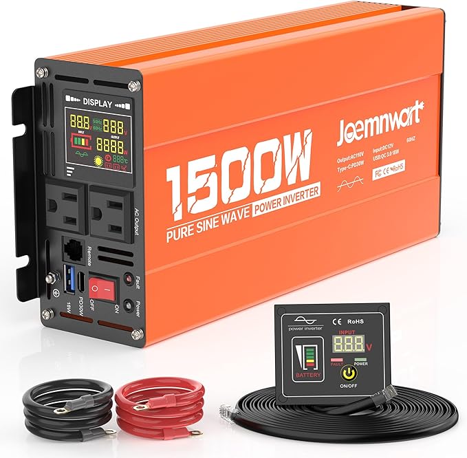 1500 Watt Pure Sine Wave Inverter 12V DC to 110V Converter with 2 AC Outlets, QC18W/PD30W USB Port for Home RV Truck, Car Power Inverter with LCD Display and Remote Control