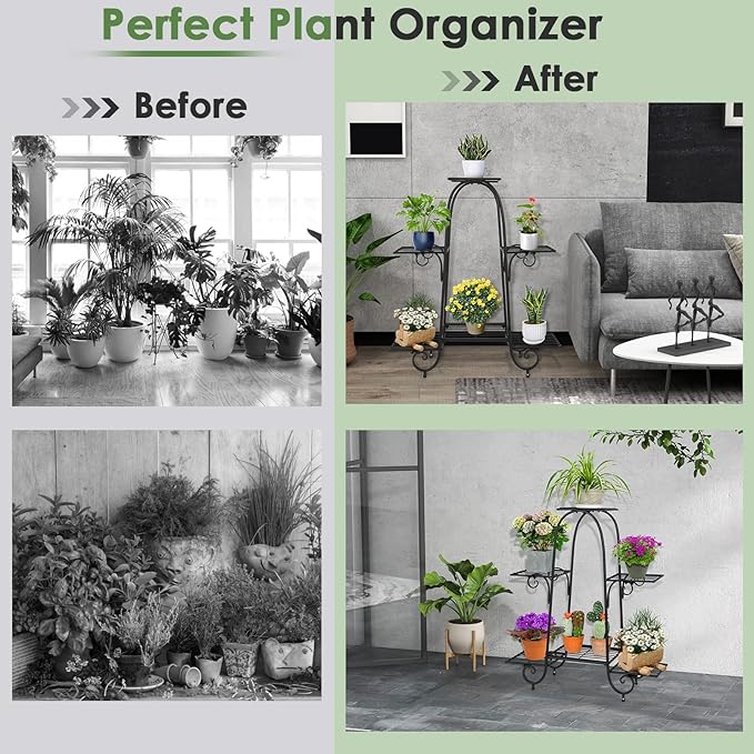 S AFSTAR 6-Tier Metal Plant Stand, Heavy-Duty Plant Display Stand Rack w/ Adjustable Footpads, Slatted Support Panel, Elevated Base, Decorative Flower Potted Holder Rack for Balcony, Living Room, Easy Assembly