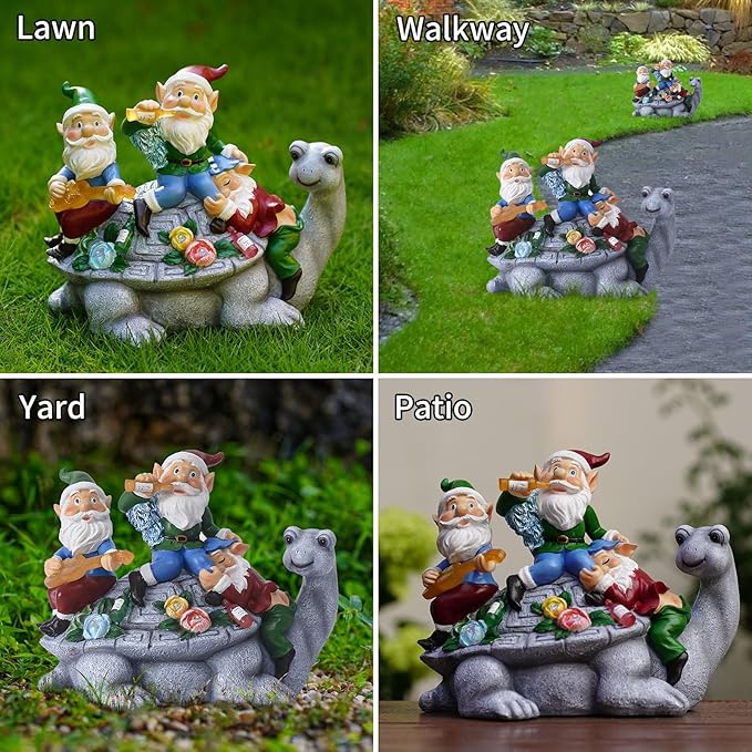 Solar Garden Outdoor Statues Three Gnomes Having Party on Turtle with 7 LED Solar Figurine for Lawn,Patio,Balcony,Yard Decor Unique Housewarming Gift, for Grandfather, Father,Grandma,Wen