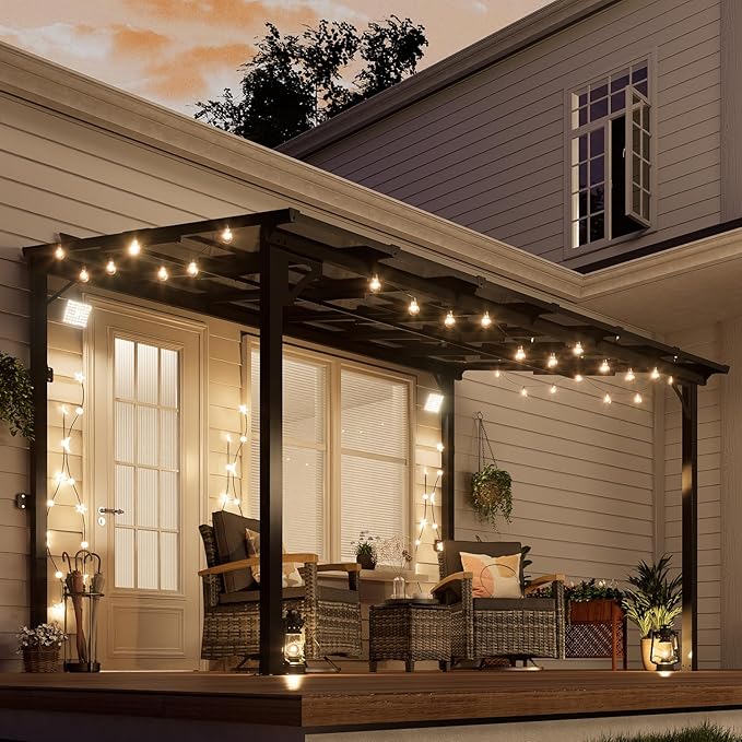 MEISSALIVVE 8' x 12' Wall Mounted Pergola, Lean to Metal Awnings, Sloped Roof Patio Gazebo Awning, Black