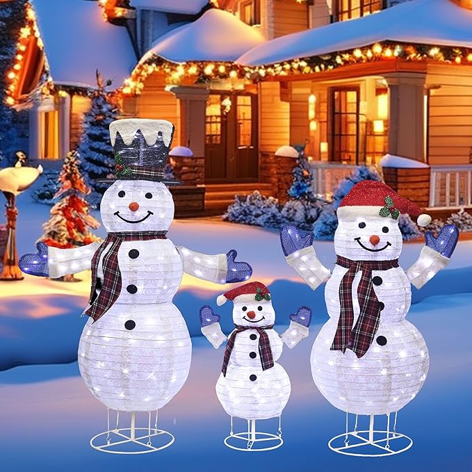 3-Piece 3D Lighted Snowman Family Set Outdoor Christmas Decorations Weather-Resistant Christmas Collapsible Snowmen Yard Decor for Yard Patio with LED Lights & Stakes