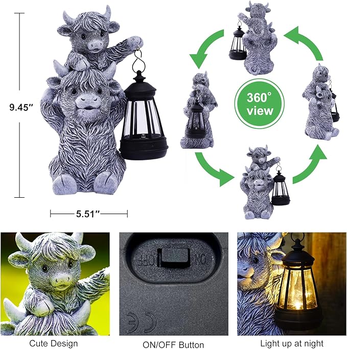 Solar Highland Cow Garden Decor - Resin Cow Statue with Solar Lantern Outdoor Yard Patio Decor - Ideal Gifts for Women,Mom Men (Grey)