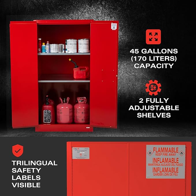 FireKing Red Flammable Safety Cabinet, Combustible Liquids Flammable Storage Cabinet, 45 Gallon Steel Safety Cabinets with Manual Door for Commercial, Industrial & Home Use, 43" x 18" x 65"