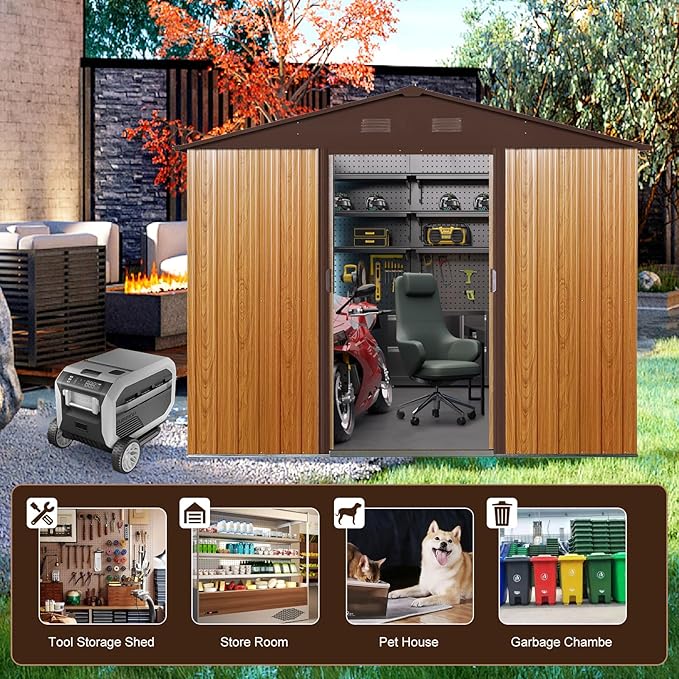 8 x 6 FT Outdoor Storage Shed, Metal Garden Shed with Floor Frame, Tool Shed Outdoor Storage with Lockable Sliding Doors & Air Vents, Storage House Waterproof for Backyard, Lawn, Coffee