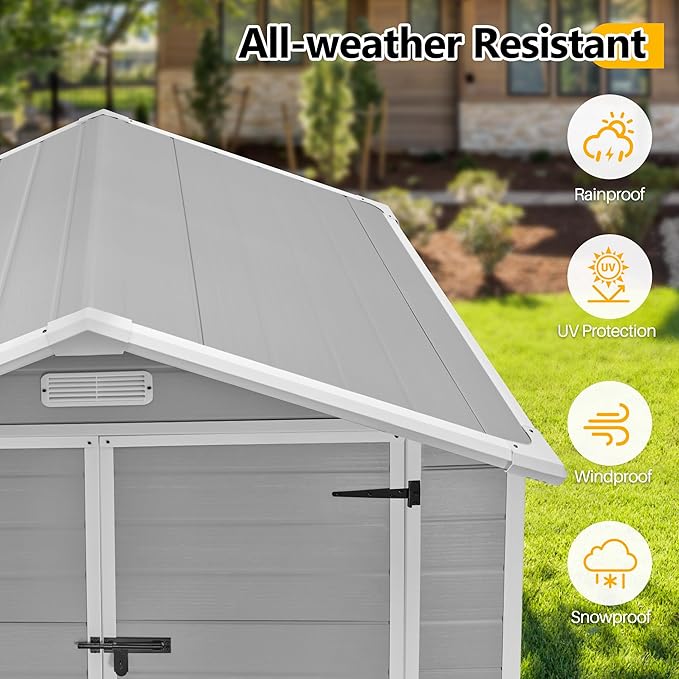 HUGROVE 6×4 Outdoor Storage Shed with Floor, Waterproof & UV-Resistant Resin Garden Shed for Backyard, Weather-Resistant Plastic Tool Shed with Lockable Double Doors, Air Vents & Side Window (Gray)