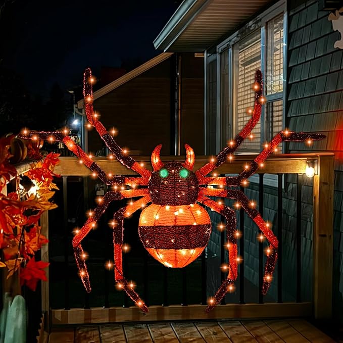 【1 Piece】 4.6Ft Giant Spider Halloween Decorations Outdoor 55" Light Up Spider with 90 LED Lights for Front Yard, Porch, Garden, Lawn, Halloween Party (Orange)
