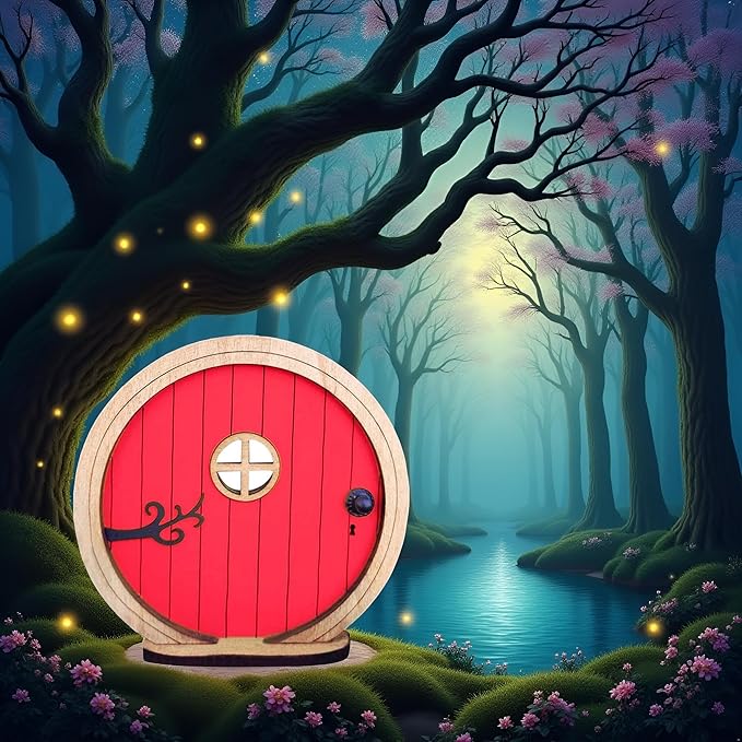Red Fairy Garden Door for Tree, Fairy Doors for Trees Outdoor and Tree Trunk, Mini Fairy Garden Sculpture Lawn Ornament Decor, Fairytale Tiny House Doors Mini Gift, Fairytales Door Decoration