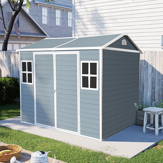 8x6 FT Resin Outdoor Storage Shed with Floor, Windows & Lockable Doors Waterproof All-Weather Garden Shed for Backyard, Patio, and Lawn Equipment Storage, Light Grey