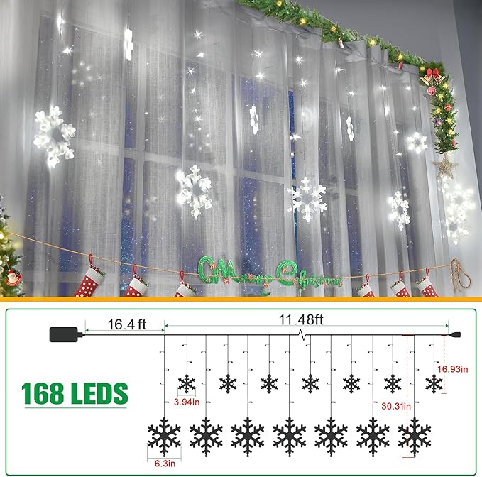 Christmas Snowflake Lights, 11.48ft Outdoor Led Icicle Christmas Lights with 14 Drops, Waterproof Snowflake Emit Cool White Lighting for Eaves, Window, Curtain Xmas Decorate