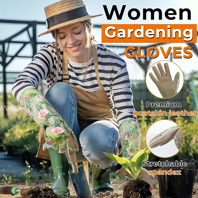 HANDLANDY Leather Gardening Gloves for Women, Scratch Resistant Breathable Ladies Rose Pruning Garden Gauntlet Yard Gloves, Gift for Gardeners (Khaki, S)