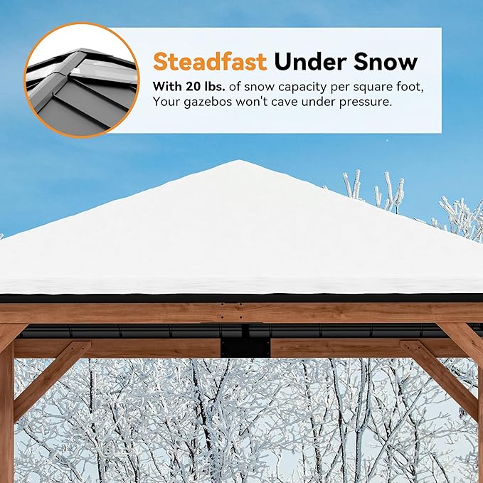 Modern Shade Tranquil Grove Wood Gazebo 11' x 11', Wooden Gazebo with Polycarbonate Hip Roof Hardtop, Permanent Hardtop Pavilion with Sturdy Hooks for Garden, Backyard