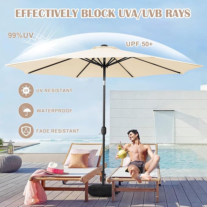 Sundale Outdoor 11 ft Patio Umbrella with Sand Bag Umbrella Base Included, Outdoor Umbrella with Tilt and Crank, Beige