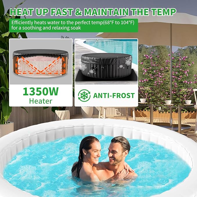 Inflatable Hot Tub, 2-4 Person Round Blow Up Portable Hot Tub, Leak-Proof PVC Outdoor Spa with 120 Strong Air Jets, Heater Pump and Insulated Cover, 71” X 71”X 25”