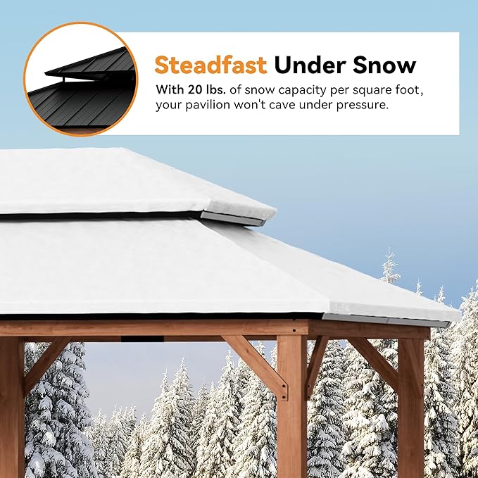 Modern Shade Rosewood Wood Gazebo 12' x 20', Cedar Framed Grill Gazebo with Double Galvanized Steel Roof, Mosquito Netting and Curtains, Permanent Hardtop with Sturdy Hooks for Garden, Backyard, Patio