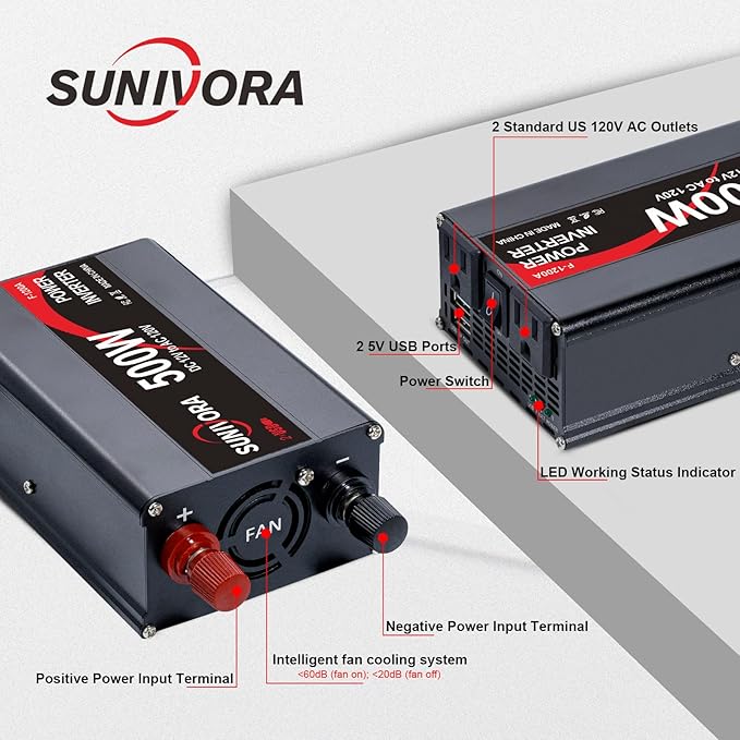 500 Watt Inverter 12V DC to 110V/120V AC 60HZ 1000 Watt(Peak) Car Power Inverter with 2 AC Outlets & Dual USB Ports for Car Vehicle Truck Camping