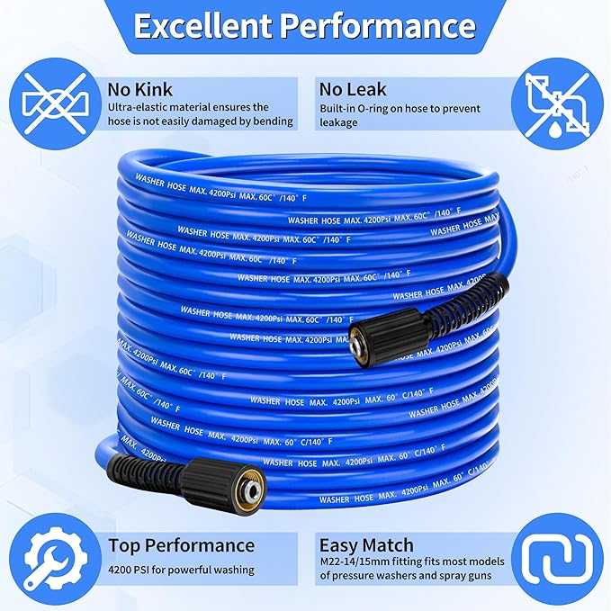 Pressure Power Washer Hose 30 FT x 1/4", Super Flexible Kink Resistant Car Washer Replacement with M22 Fittings & 3/8" Quick Connect Adapters for Ryobi Troy Bilt Flexzilla Greenworks & More, 4200PSI
