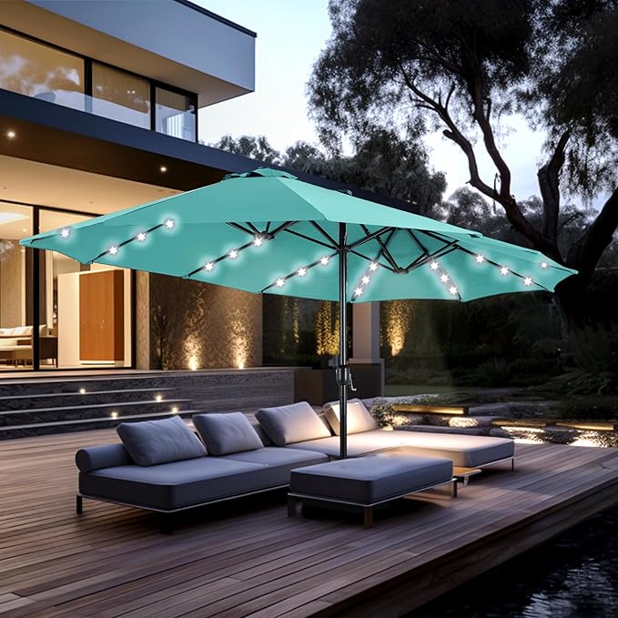 PHI VILLA 15ft Large Patio Umbrella with Solar Lights, Double-Sided Outdoor Market Rectangle Umbrellas with 36 LED Lights, Umbrella Base (Stand) Included, Turquois
