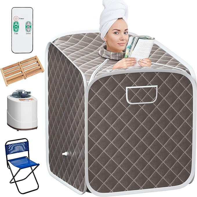 Giantex Portable Steam Sauna Spa 2L Folding Private Sauna Tent W/Chair Foot, Massage Roller, Absorbent Pad,9 Adjustable Temperature Levels for Stress Fatigue 33 x 33x 42 Inch (Gray)