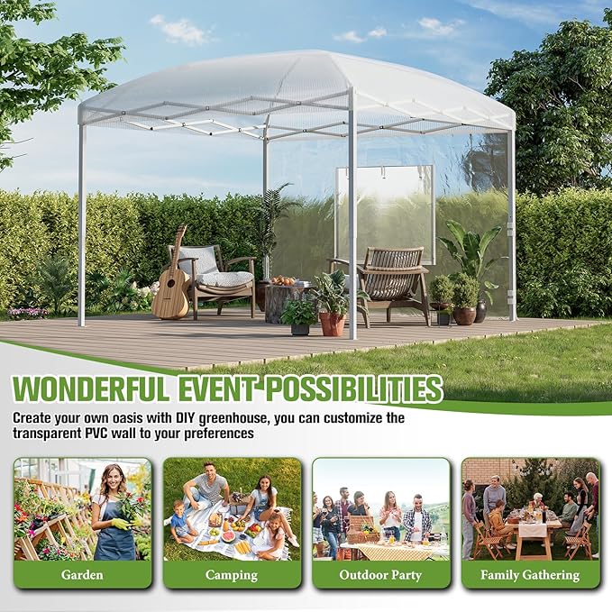 AMERLIFE 10×10×8.5 FT Pop-up Greenhouses for Outdoors Indoor with Adjustable Sturdy Frame, Portable Walk in Greenhouse with 2 Roll-up Zipper Doors, Windows and PE Cover, White