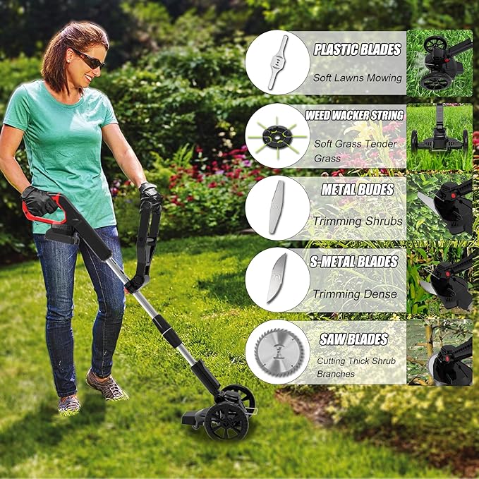 Weed Wacker Battery Powered, Electric Cordless Weed Trimmer with 21V Battery Operated & Charger & 25 Blades, No-String Brush Cutter/Lawn Edger/Grass Trimmer for Garden Yard