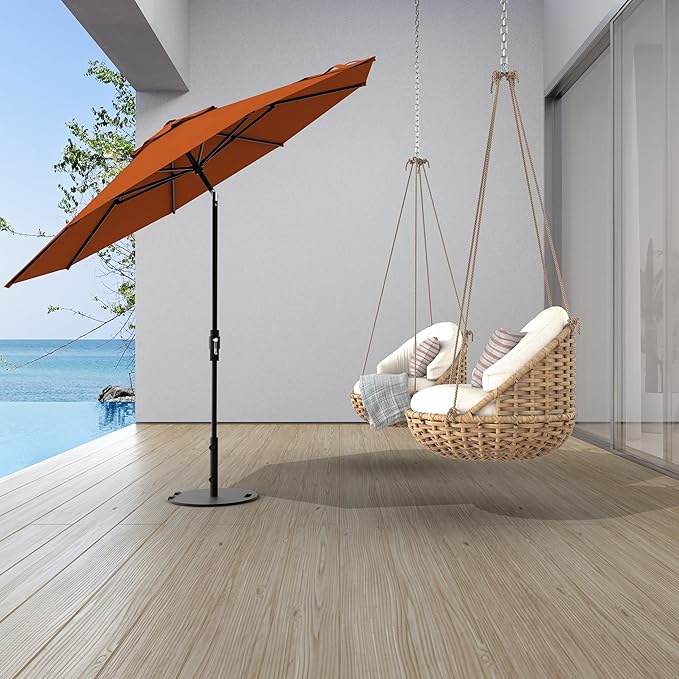 Midtown Umbrellas The Swilt 9 Feet Patio Umbrella in Sunbrella Terracotta Acrylic Fabric - Fiberglass Ribs, Auto-Tilt Aluminum Frame For Backyard, Deck, Garden, Pool - White Pole