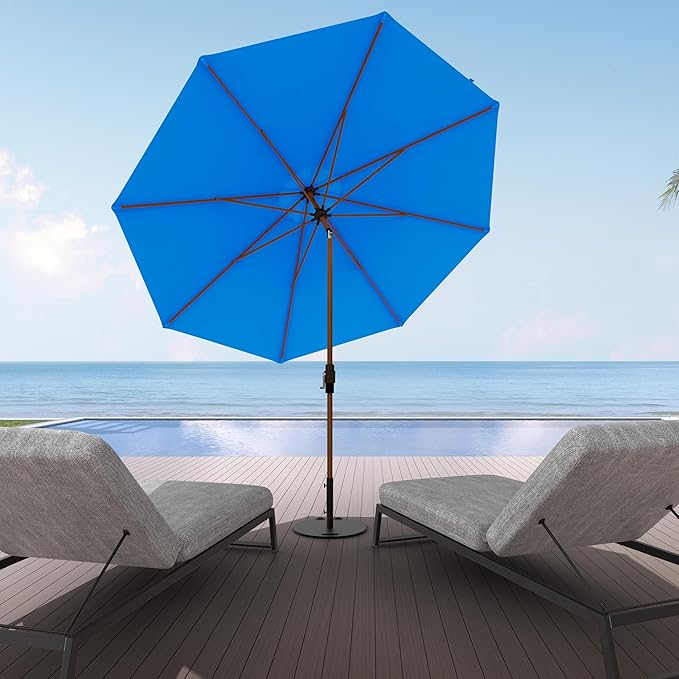 Midtown Umbrellas The Wooden 2-10 Feet Large Patio Umbrella, Terylast Cobalt Blue Fabric - Auto-Tilt Aluminum Frame For Backyard Umbrella, Deck Umbrella, Garden Umbrella & Pool - Wooden Pole