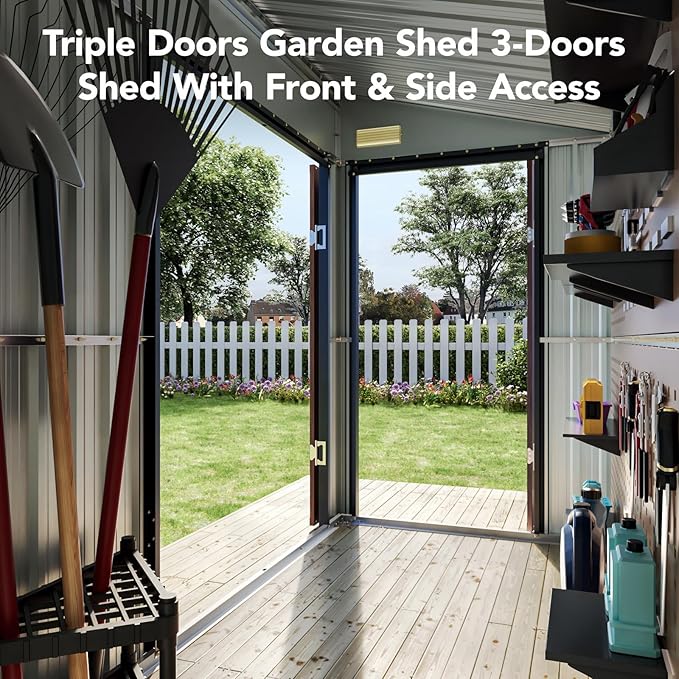 8x4 Ft Outdoor Metal Shed, Storage Shed with Floor & Triple Lockable Doors, Front & Side Door for Easy Access, Large Garden Tool Shed for Backyard, Patio, Lawn & Utility Storage