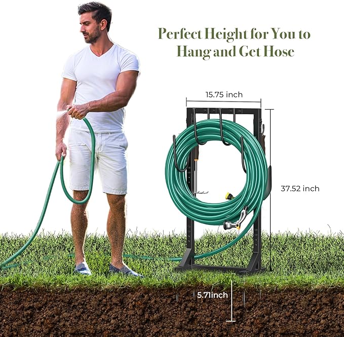 Garden Hose Holder Water Hose Holder with 4 Spikes, Freestanding Hose Hanger Outdoor Hold Stand Heavy Duty 6 Hooks Metal Garden Hose Storage Hose Reel Rack for Outside (Black)