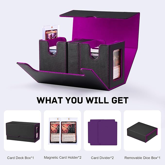 Trading Card Deck Box with Commander Display，3 in 1 MTG Storage Holds 200 Double-Sleeved Cards，2 Deck Boxes & Dice Tray Included，Fits MTG, TCG, PTCG & Sports Cards