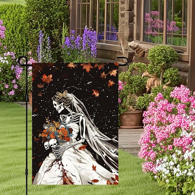 Halloween Horror Garden Flag 12x18 Inch Bloody Skeleton Bride Skull Flower Bouquet Flag Outdoor Yard Decoration House Banner Porch Lawn Patio Home Decor