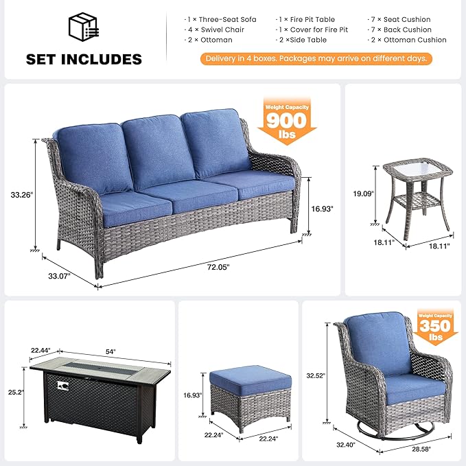 ovios 10 Pieces Patio Furniture Set, Outdoor Wicker Sofa Couch with Swivel Chairs 54" Fire Pit Table, High Back All Weather Modern Conversation Sets, Grey Rattan, Denim Blue