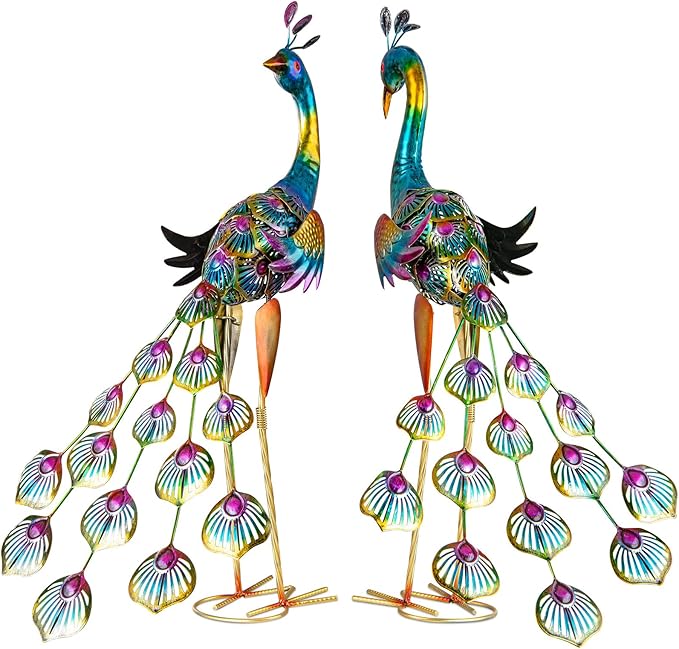 XONOR Metal Peacock Garden Statues Peacock Yard Art Outdoor Sculptures for Home Patio Lawn Backyard Décor, Set of 2 (Peacock)