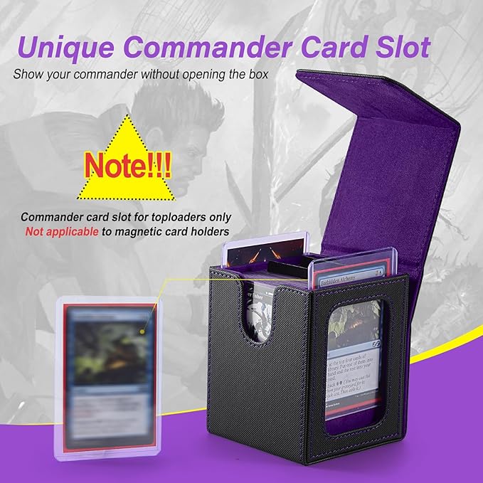 MTG Deck Box, Double Display Window MTG, Commander Deck Box Fits 120+ Single Sleeved Cards, PU Leather Magnetic Closure Card Box with 2 Dividers&2 Toploaders for TCG, CCG, Black/Violet