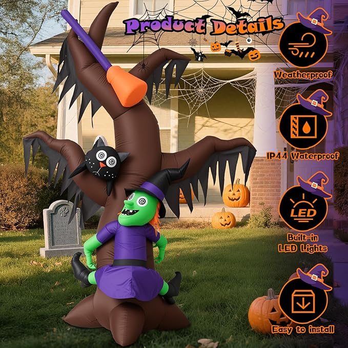 8FT Halloween Inflatables Witch Climbing Dead Tree with Cat & Broomstick, Large Blow Up Yard Decorations, Self-Inflating Spooky Outdoor Halloween Inflatable for Parties, Garden, Lawn