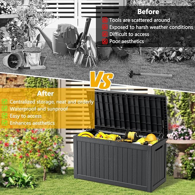 270 Gallon Deck Box, Resin Outdoor Indoor Waterproof Storage Box, Lockable Storage Box With Handle for Patio Furniture - Garden Tools - Swimming Pool Tools UV Resistant, Black - 270