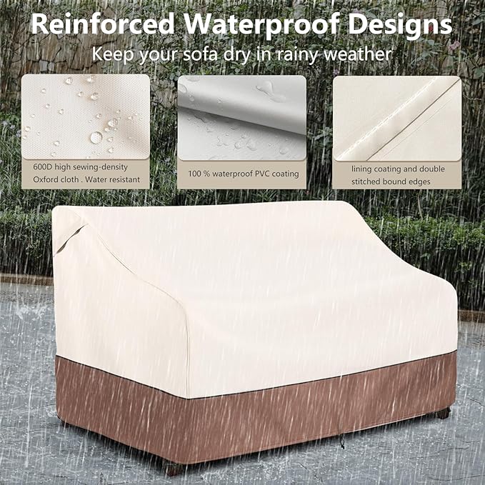 Okcool Heavy Duty Patio Sofa Cover, 100% Waterproof 3-Seater Outdoor Sofa Cover Fits up to 85W x 38D x 35H Inches, Lawn Patio Furniture Covers,Beige & Brown