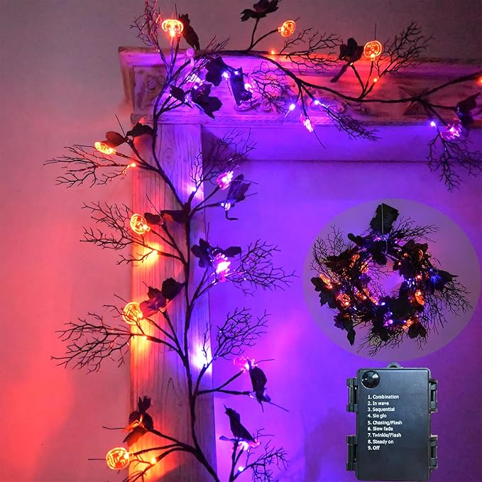 Halloween Decor Lights 8.86FT 72 LED Willow Vine Twig with Timer Battery Operated Garland Lights with Orange Pumpkins Purple Bats and Black Dead Branches Indoor Halloween Decorations for Home