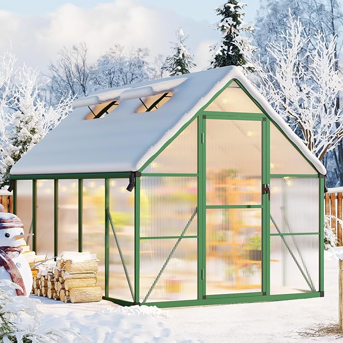 8x10 FT Outdoor Greenhouse, Polycarbonate Greenhouse with Roof Vent and Ground Nails, Aluminum Large Walk-in Green House w/Lockable Push Door for Outside Garden Backyard (Green, 8x10 FT)