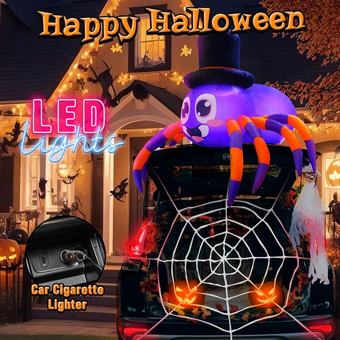Trunk or Treat Car Decorations Kit, Halloween Decorations Outdoor Outside 5ft Inflatable Spider with Built-in LEDs, Trunk or Treat Decoration, Halloween Blow ups Yard Decoration Spider with Web