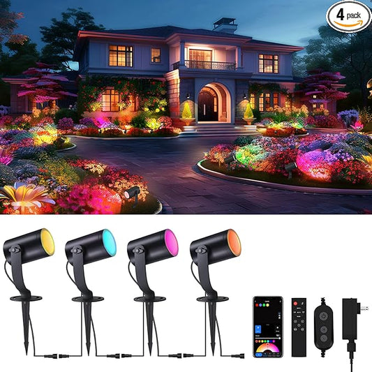 Smart RGBICW Landscape Lighting, IP67 Waterproof Low Voltage Landscape Lights, 24W Color Changing Outdoor Spot Light with APP/Voice Control, Aluminum LED Spotlights Pathway Lights, 4 Pack