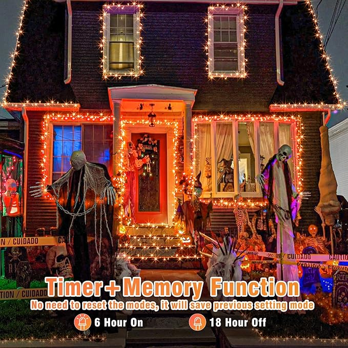 Vivideal 164ft 500 LED Orange Halloween Lights Outdoor Waterproof Halloween String Lights Indoor 8 Modes Clear Wire, Plug in Orange Christmas Light for Xmars Tree Bedroom Thanksgiving Decorations